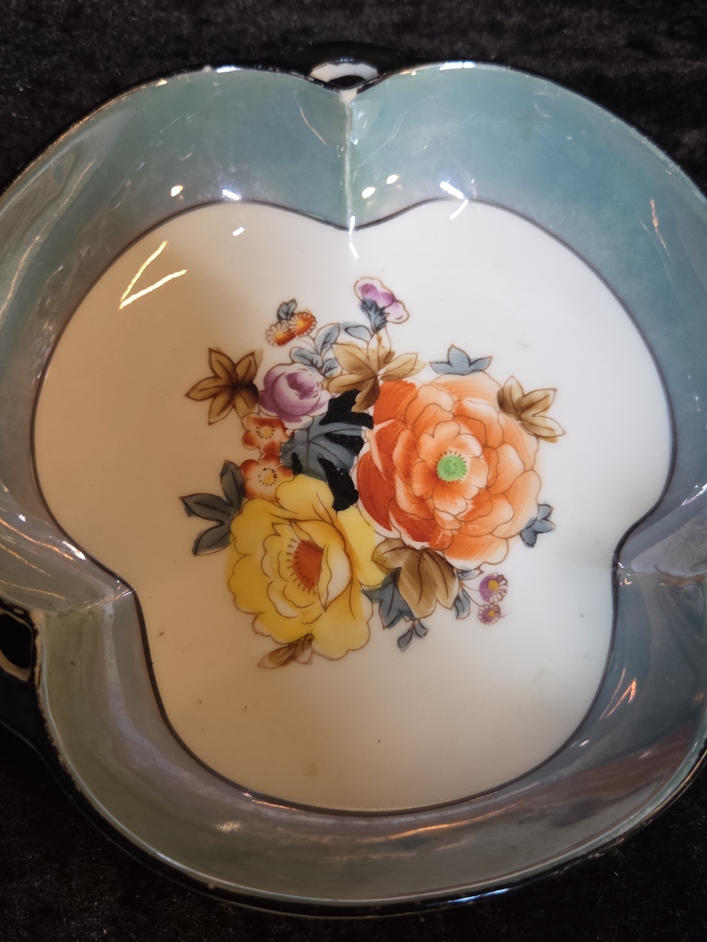 Noritake Floral Porcelain Dish with Teal Rim and Orange Yellow Blooms
